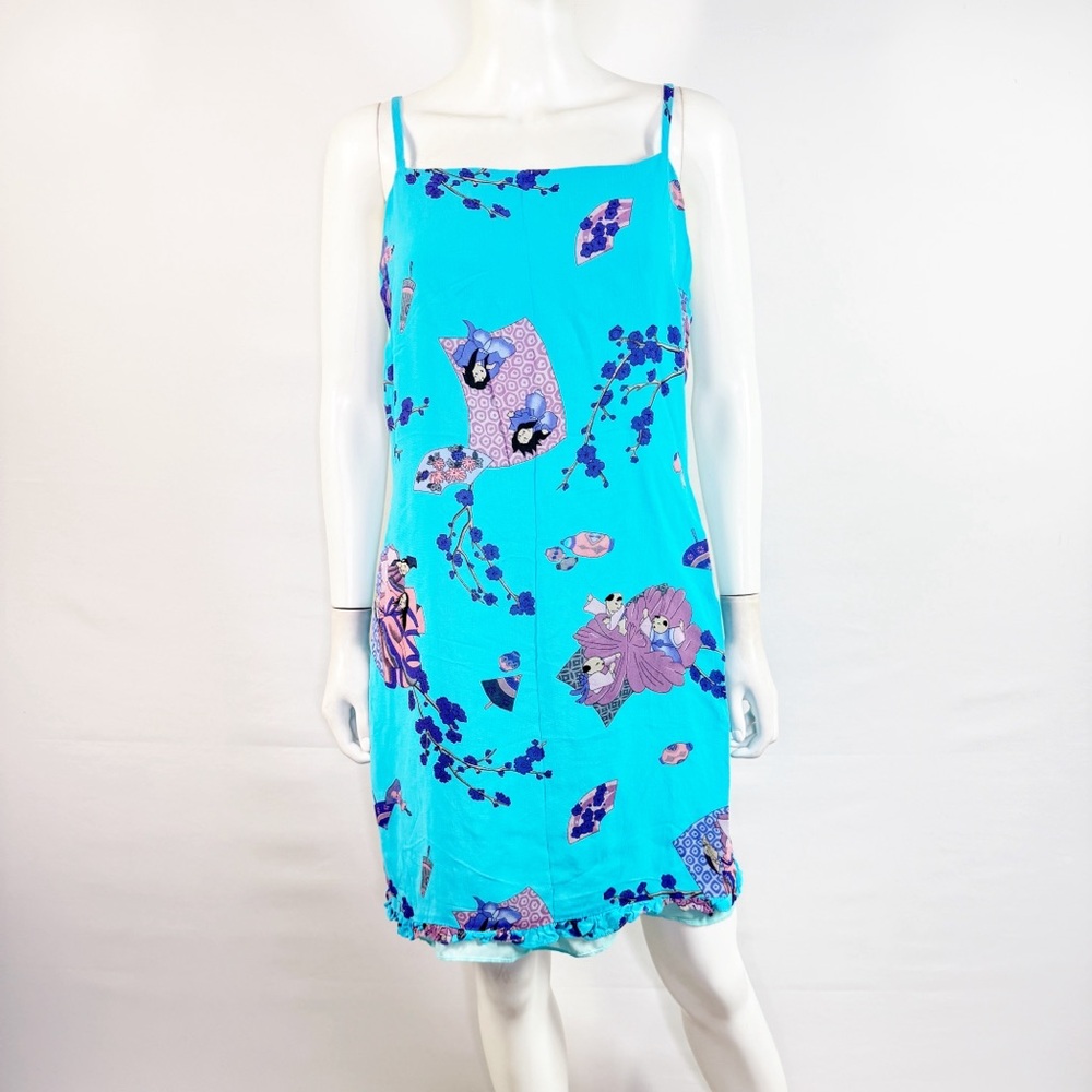 Vintage Sharon Max Blue Floral Mini Dress Size L Casual Asian Print Party Summer
